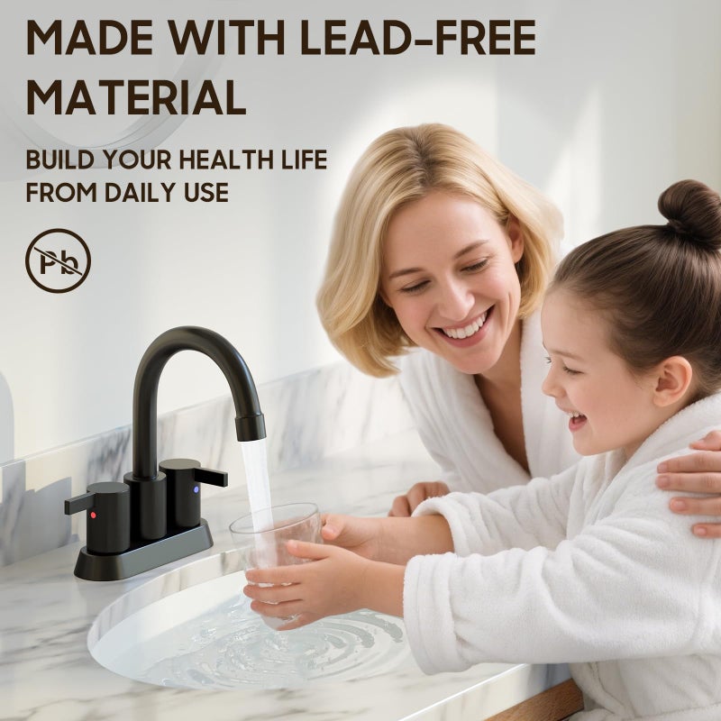 Phiestina 4 Inch 2 Handle Centerset Matte Black Lead-Free Modern Bathroom Faucet, 360 Swivel Spout 2-3 Hole RV Bathroom Vanity Sink Faucet with Pop Up Drain and Water Supply Lines,BF015-1-MB - Image 3